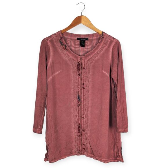 Ali Miles Rose Pink Embroidered Floral Washed Out‎ Tunic Top Size Small - Picture 1 of 10